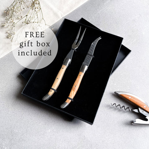Traditional Olive Wood Handle Cheese Knife and Fork Set