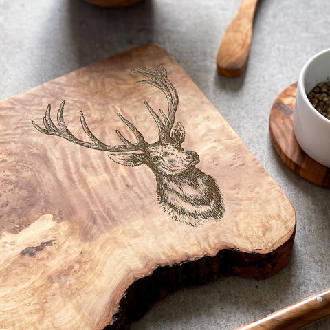 Rustic Olive Wood Stag Deer Engraved Cutting Board