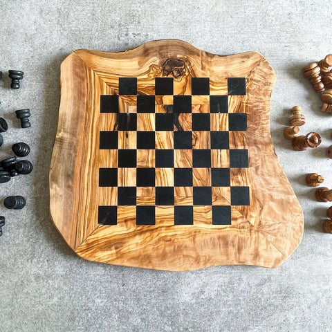 Rustic Olive Wood Chess Board with Chess Pieces