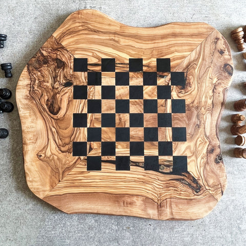 Rustic Olive Wood Chess Board with Chess Pieces