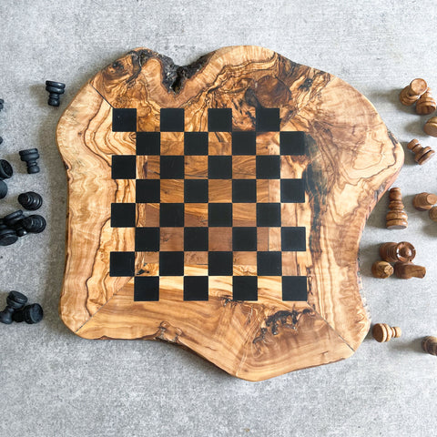 Rustic Olive Wood Chess Board with Chess Pieces