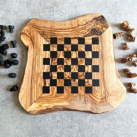 Rustic Olive Wood Chess Board with Chess Pieces