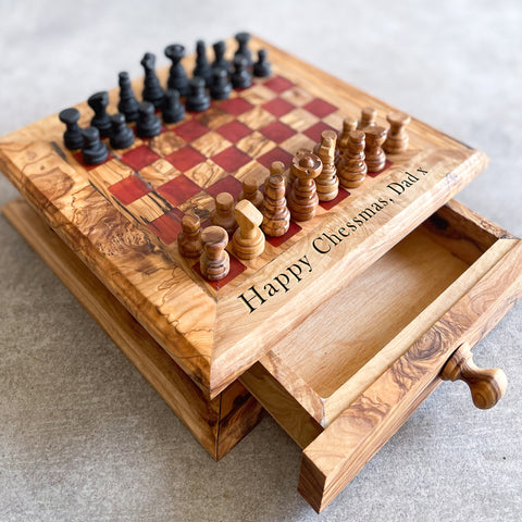 Fancy Olive Wood Chess Board with Chess Pieces