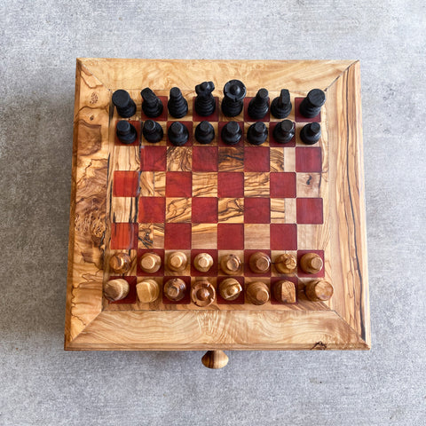 Fancy Olive Wood Chess Board with Chess Pieces