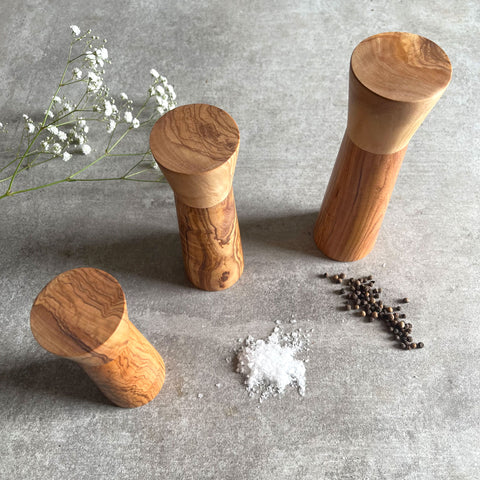 Olive Wood Modern Style Pepper or Salt Mill and Grinder - 3 Sizes