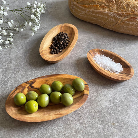 Set of 3 Olive Wood Small Stackable Condiment Dishes