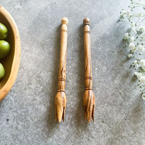 Pair of Traditional Olive Wood Picks for Olives & Tapas
