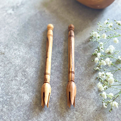 Pair of Traditional Olive Wood Picks for Olives & Tapas