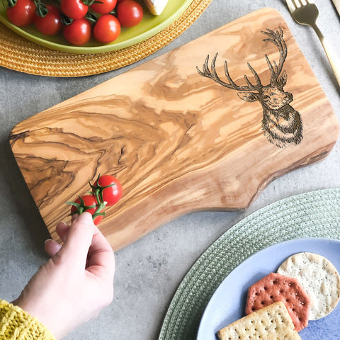 Rustic Olive Wood Stag Deer Engraved Cutting Board