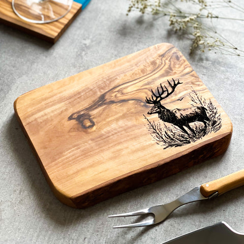 Rustic Olive Wood Stag Deer Engraved Cutting Board