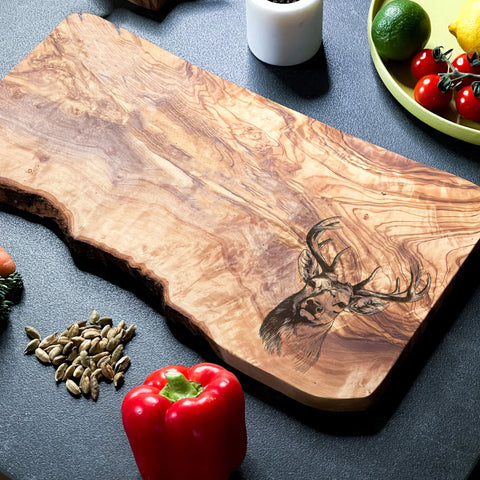 Rustic Olive Wood Stag Deer Engraved Cutting Board