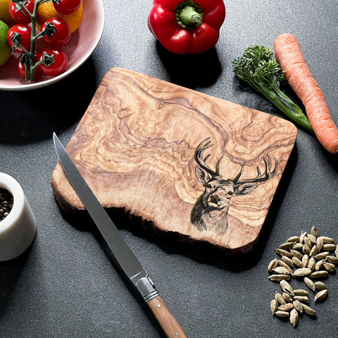 Rustic Olive Wood Stag Deer Engraved Cutting Board