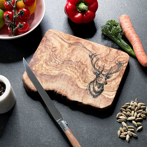 Rustic Olive Wood Stag Deer Engraved Cutting Board