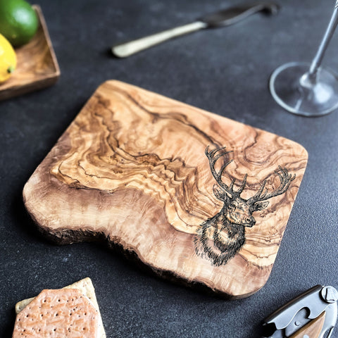 Rustic Olive Wood Stag Deer Engraved Cutting Board