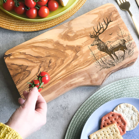 Rustic Olive Wood Stag Deer Engraved Cutting Board