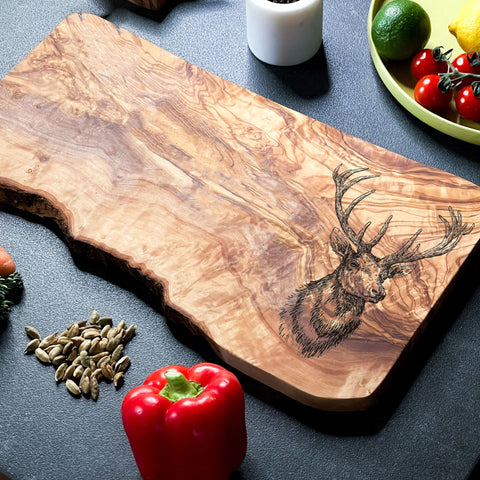 Rustic Olive Wood Stag Deer Engraved Cutting Board