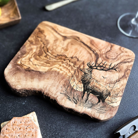 Rustic Olive Wood Stag Deer Engraved Cutting Board