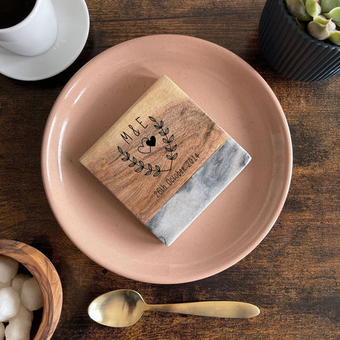 Personalised White Square Acacia Wood & Marble Coaster