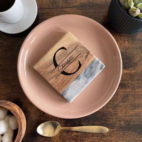 Personalised Monogram Square Marble & Wood Coaster