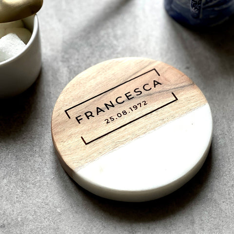 Personalised Marble & Acacia Wood Family Coaster