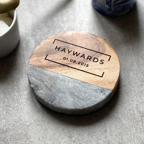 Personalised Marble & Acacia Wood Family Coaster