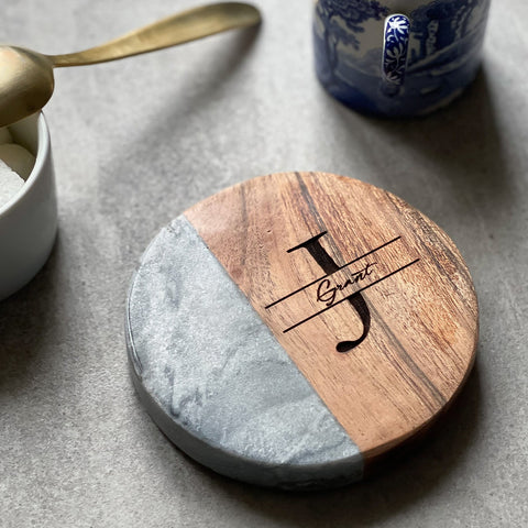 Personalised Monogram White Marble & Acacia Wood Coaster