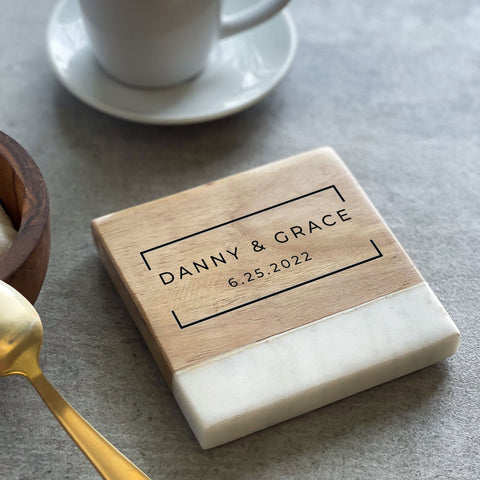 Personalised Marble & Acacia Wood Family Coaster