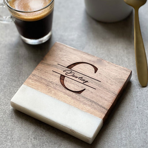 Personalised Monogram Square Marble & Wood Coaster