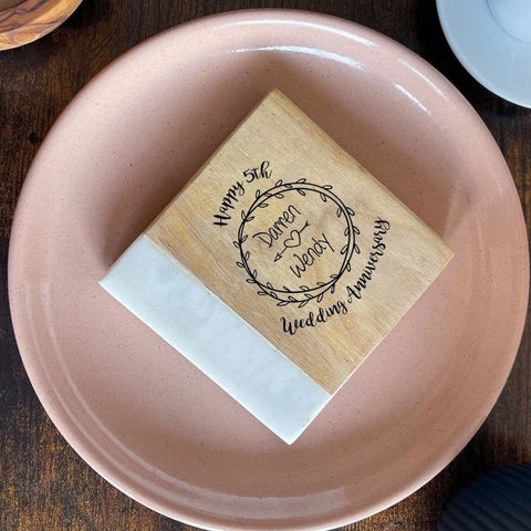 Personalised 'Anniversary' White Square Acacia Wood & Marble Coaster