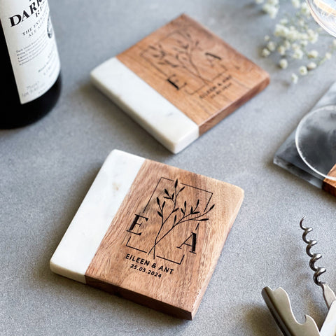 Personalised White Marble & Wood Coaster