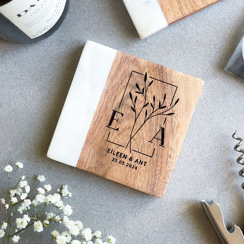 Personalised White Marble & Wood Coaster