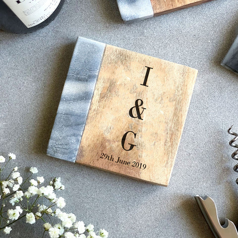 Personalised White Marble/Acacia Coaster