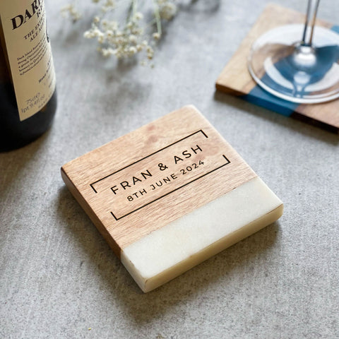 Personalised Marble & Acacia Wood Family Coaster