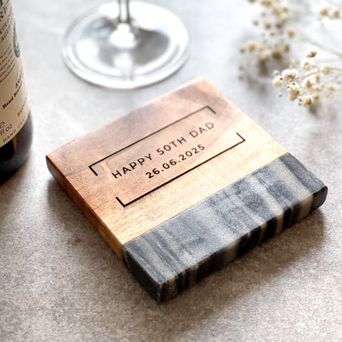 Personalised Marble & Acacia Wood Family Coaster