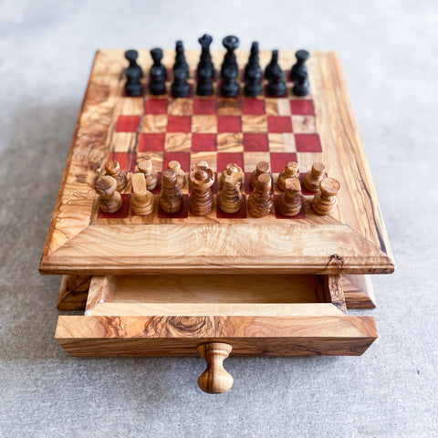 Fancy Olive Wood Chess Board with Chess Pieces