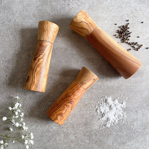 Olive Wood Modern Style Pepper or Salt Mill and Grinder - 3 Sizes