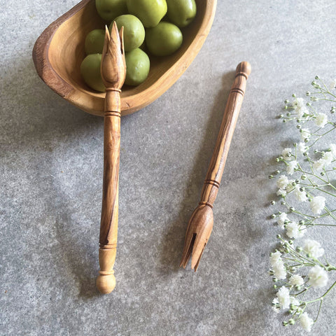 Pair of Traditional Olive Wood Picks for Olives & Tapas