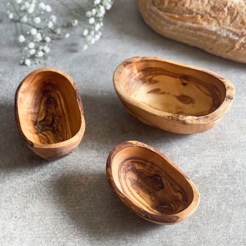 Set of 3 Rustic Olive Wood Small Stackable Condiment Dishes