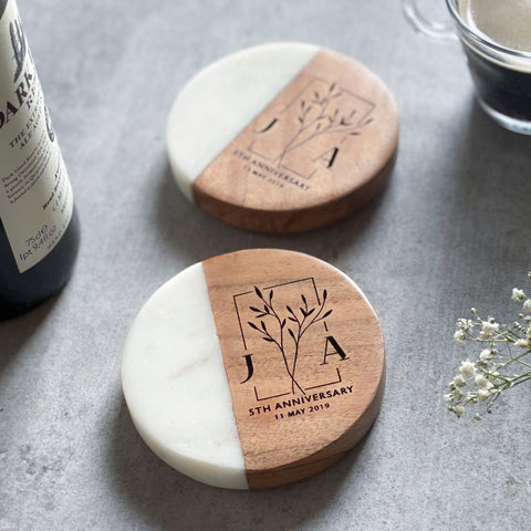 Personalised White Marble & Wood Coaster