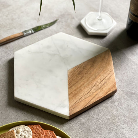 Hexagonal Marble & Wood Serving Platter