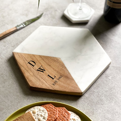 Personalized Initials Marble & Acacia Hexagonal Serving Platter