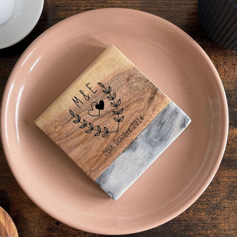 Personalized Square Wood & Marble Coaster