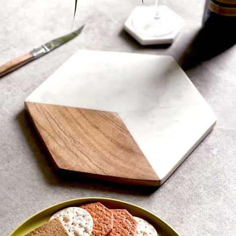 Personalized Marble & Acacia Hexagon Serving Platter