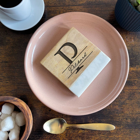 Personalised Monogram White Marble & Acacia Wood Coaster