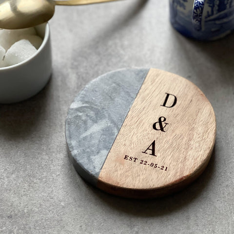 Personalized White Marble/Acacia Coaster