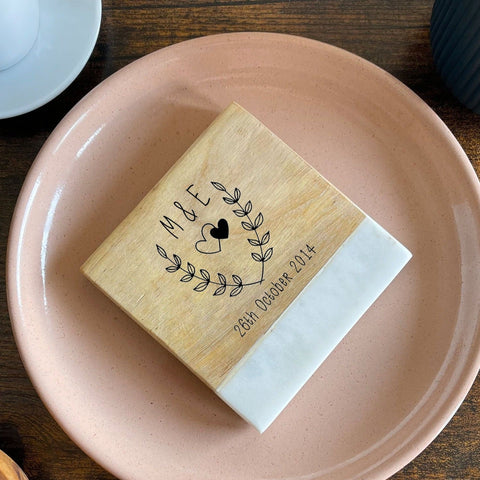 Personalized White Square Acacia Wood & Marble Coaster