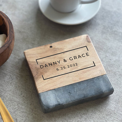 Personalized Marble & Acacia Wood Family Coaster