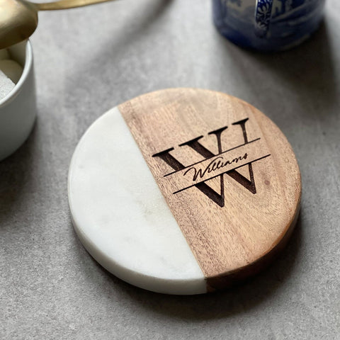 Personalised Monogram White Marble & Acacia Wood Coaster