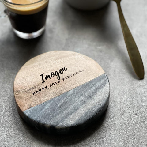 Personalized 'Birthday' Grey Marble Coffee/Tea Coaster Gift