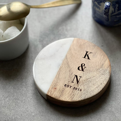 Personalised White Marble/Acacia Coaster